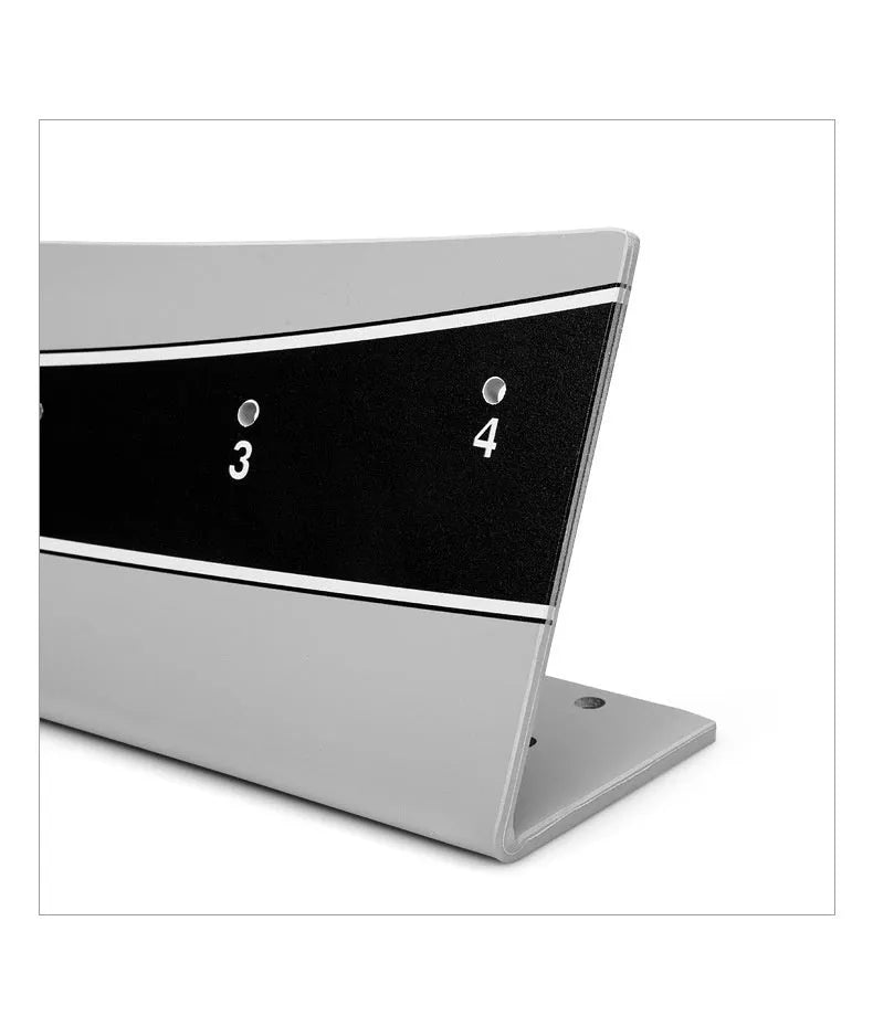 Adjustable golf putter balance simulator made of white PVC with a central training guide.