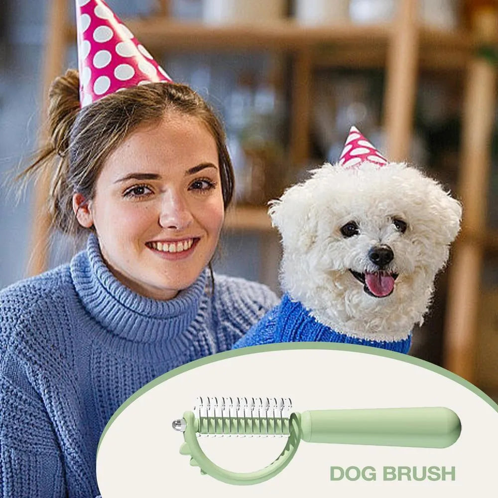 Blue dinosaur-shaped pet brush with a self-cleaning button and double-sided stainless steel bristles.