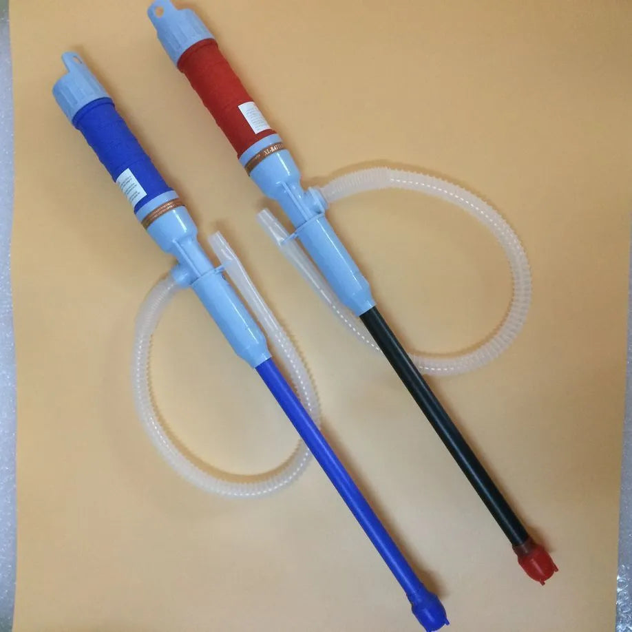 Blue and red manual hand siphon pump for car fuel and oil transfer