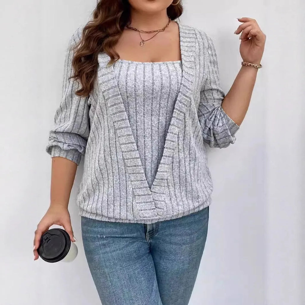 Solid colour rib fabric V-neck false two-piece dress with long sleeves in loose fit