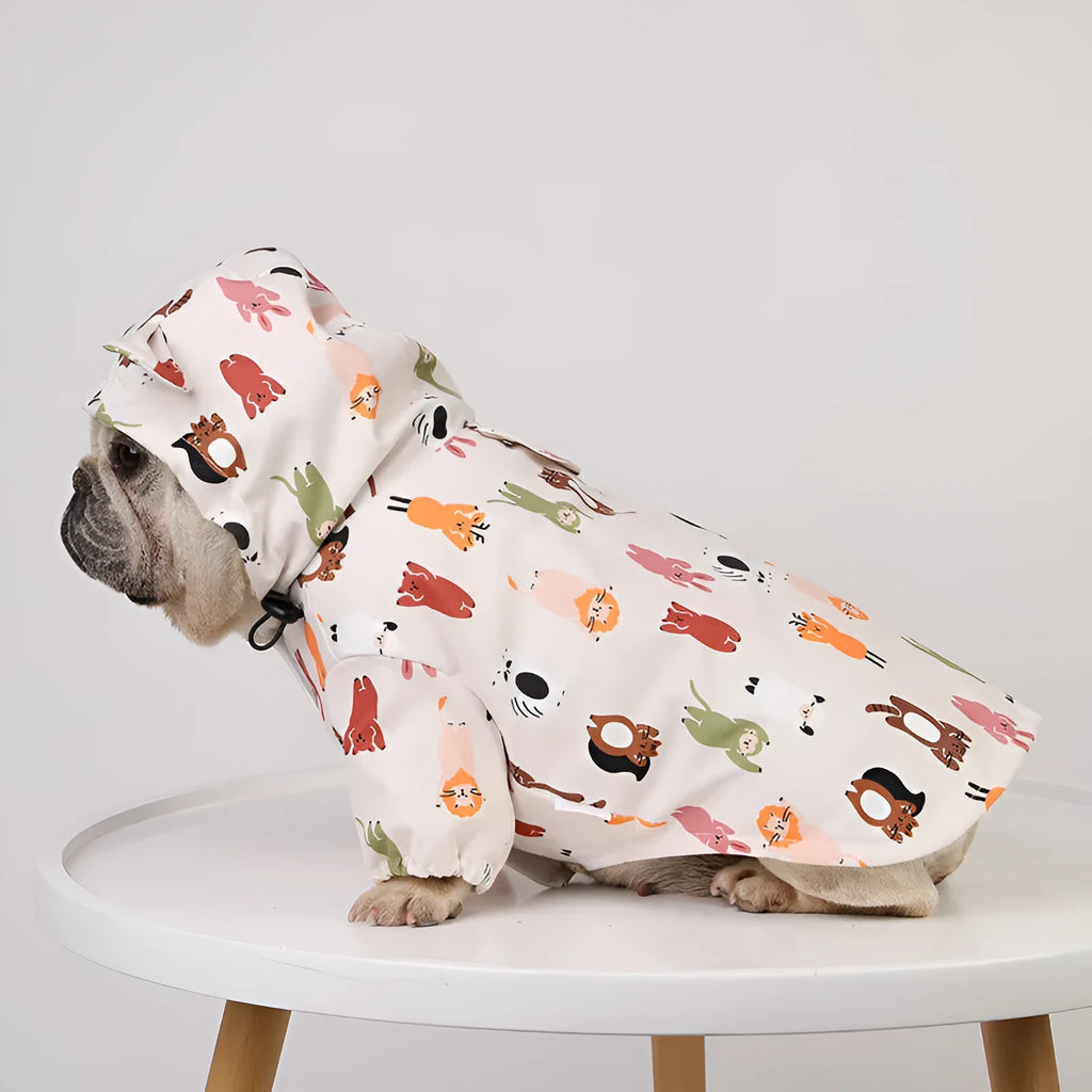 Beige cartoon dog raincoat with double waterproof PU coating, shown in small animal and cat head designs.