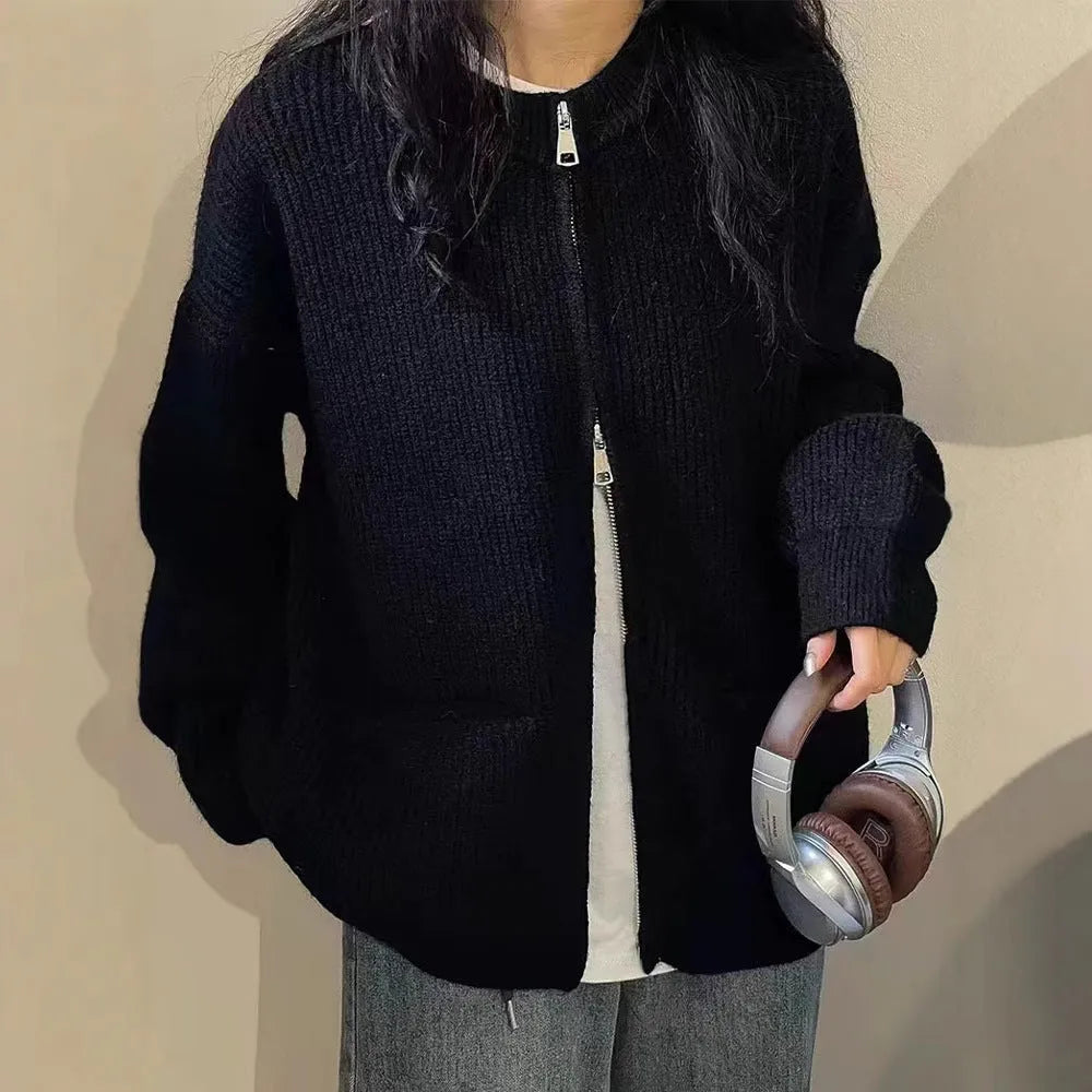 Beige soft wind glutinous sweater coat cardigan with long sleeves on hanger