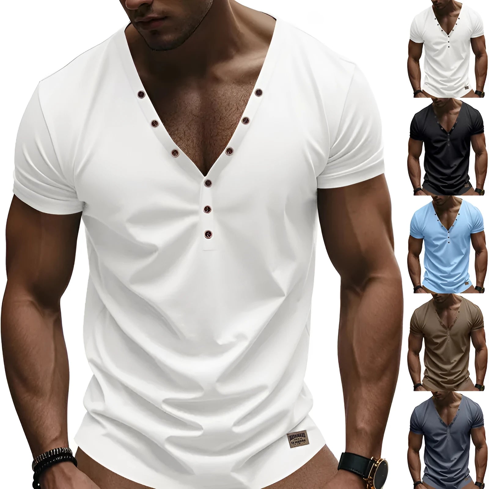 Man wearing a loose fit solid colour V-neck pullover top with a small button design detail.