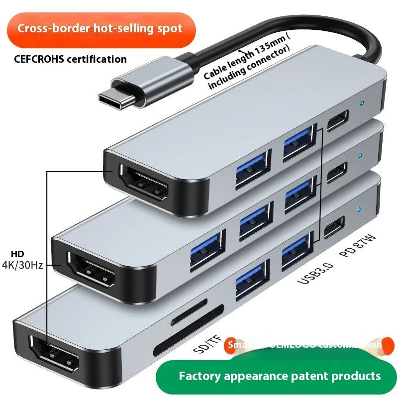 Portable USB-C expansion dock showing multiple ports including HDMI and USB connections