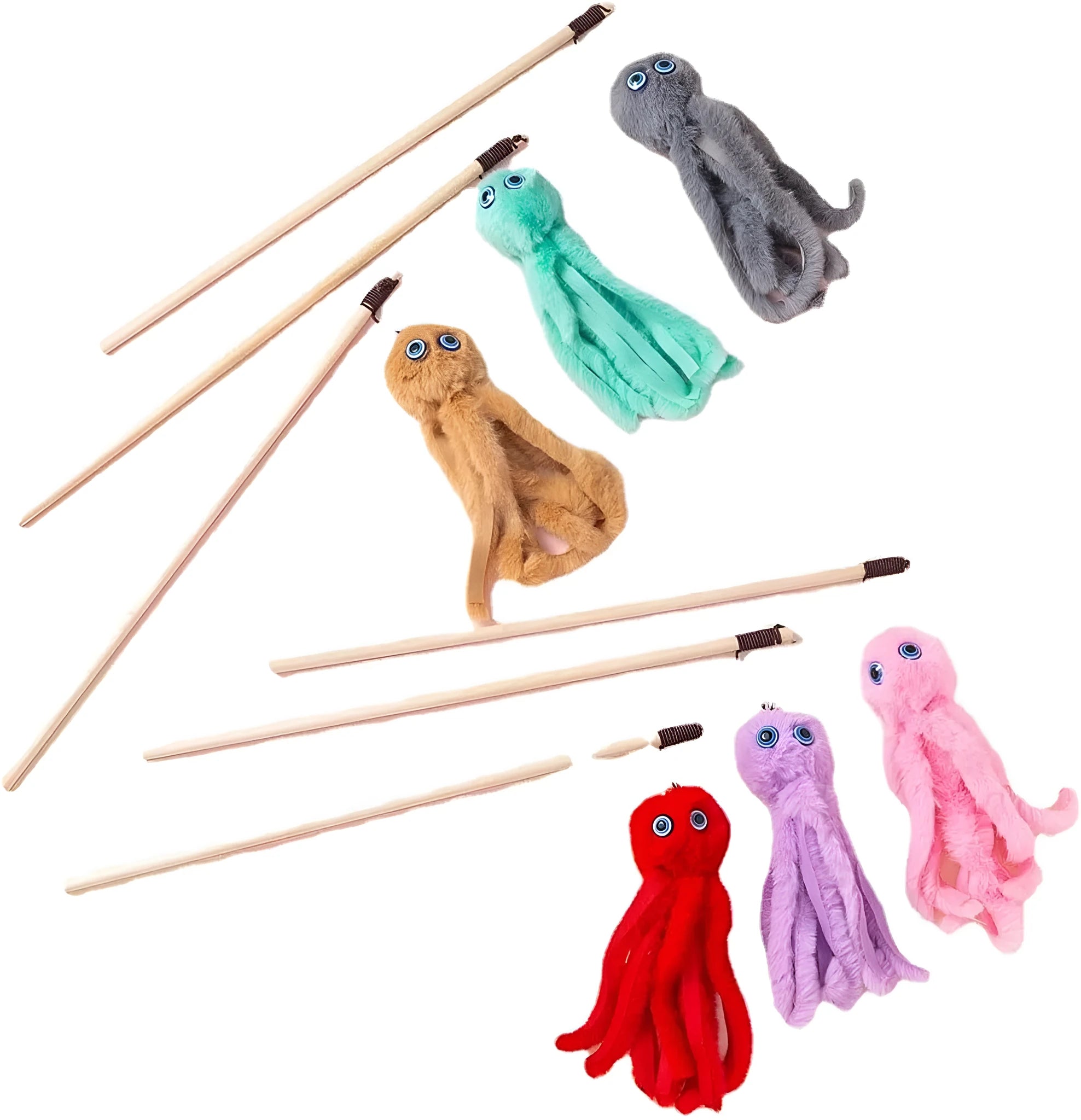 Colourful octopus cat toy on a 40cm stick with furry pom-poms and moving eyes