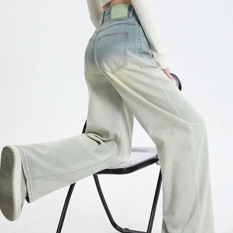 Gradient blue denim straight-leg pants with wide leg style for women