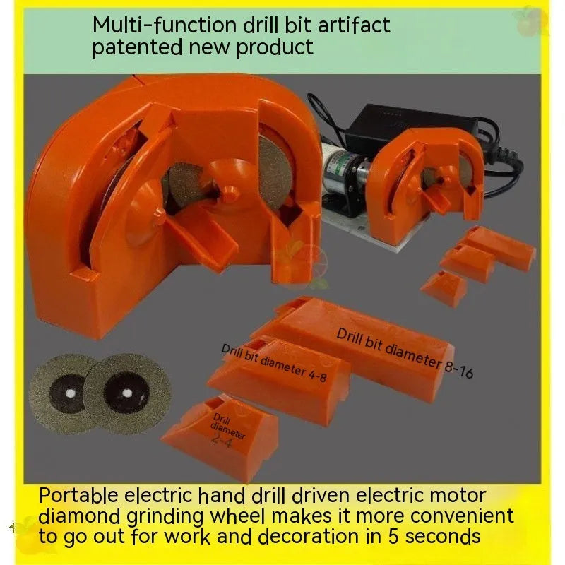 Portable grinding tool with orange and black sanding sets and universal drill attachment