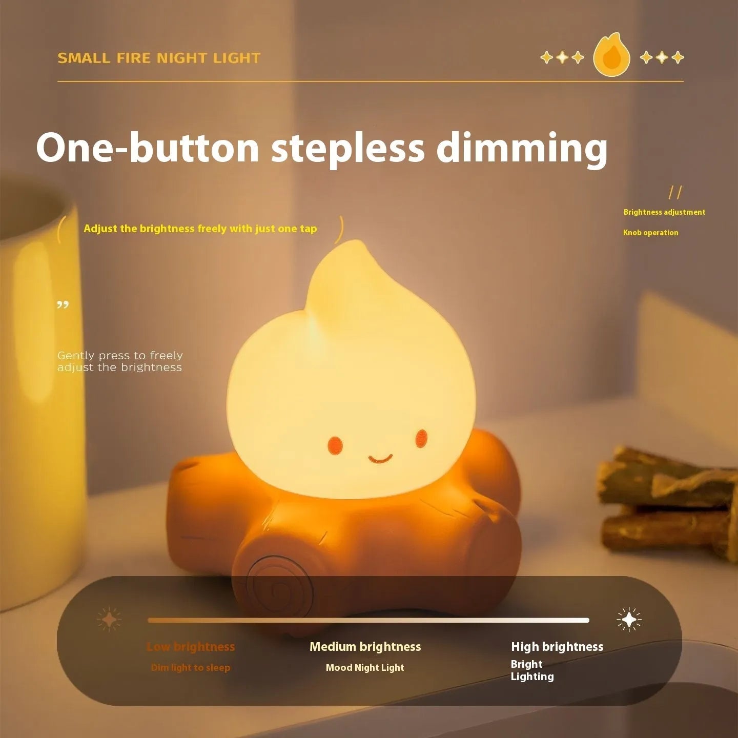 Silicone small fire pile cartoon night lamp with portable battery design and yellow light options