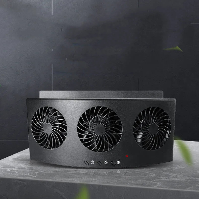 Black and white USB car ventilation fan with 1.5m cable on a car dashboard.
