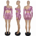 Women's black hollow out net sleeveless top and skirt two-piece dress set on a hanger.