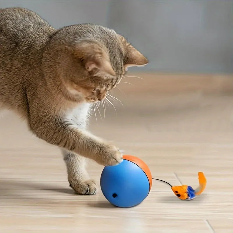 Blue and orange interactive cat toy ball with plush mouse attachment for indoor feline exercise