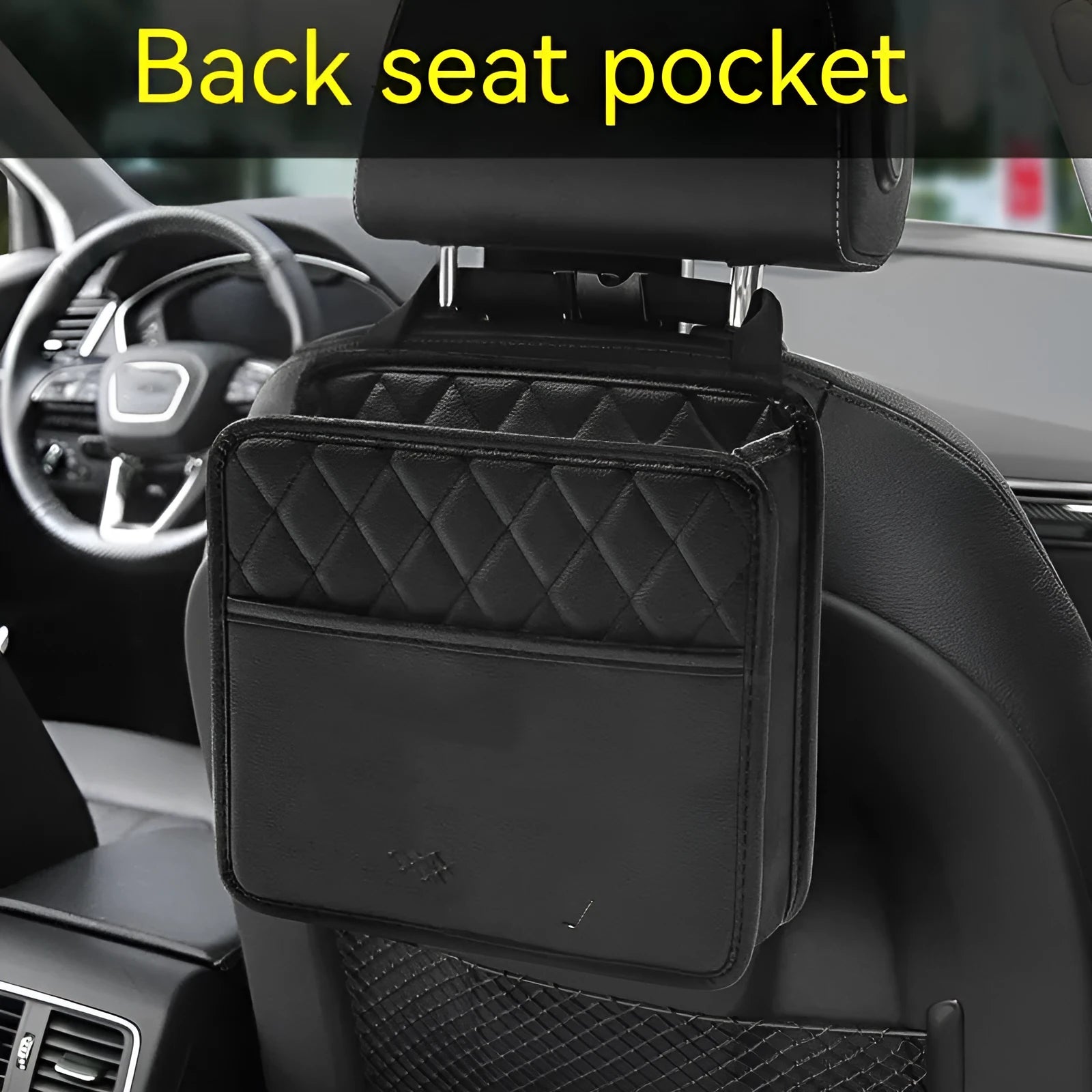 Black leather hanging chair-shaped storage bag for car interior use.