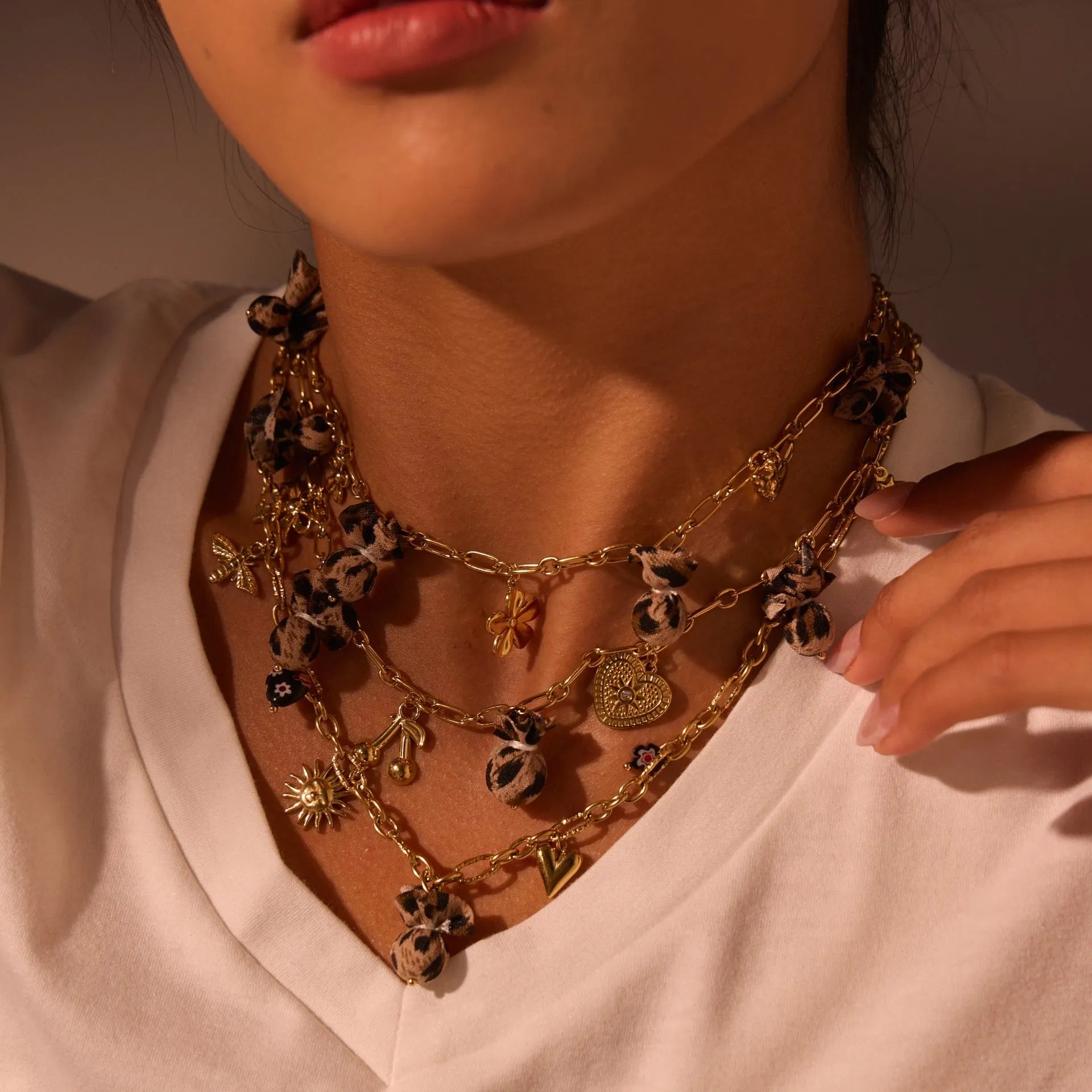 Stainless steel necklace with leopard pendant and love heart flowers design on adjustable chain