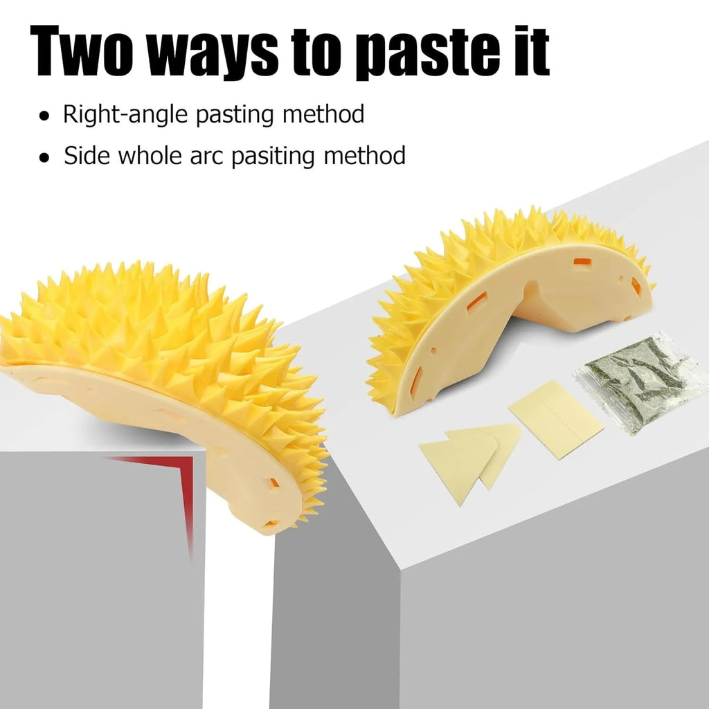 Yellow durian-shaped cat corner scratcher mounted on wall with cat mint powder