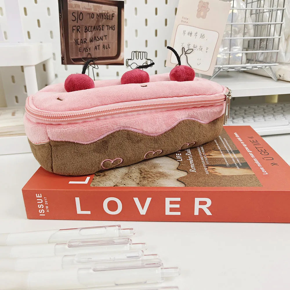 Cherry Cake coloured velvet plush pencil bag with Korean style design