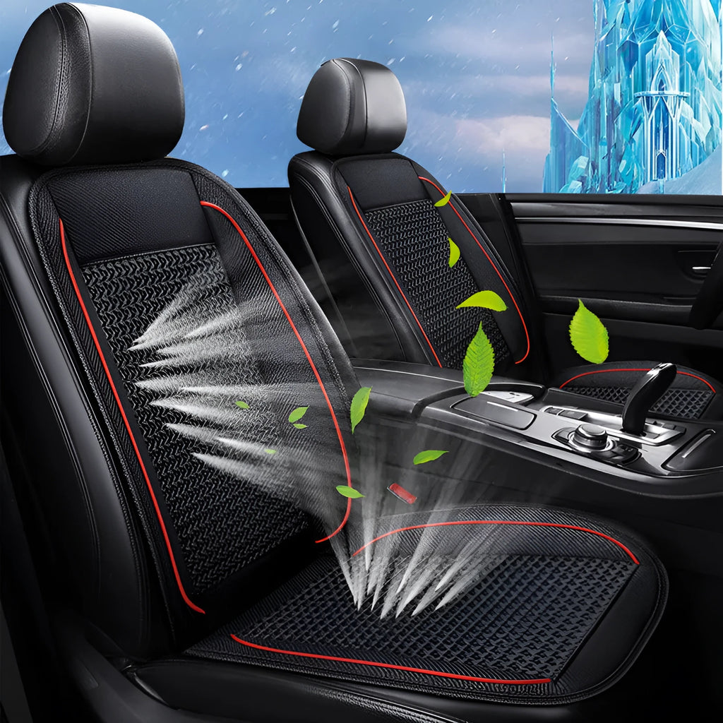 Square black car seat cushion with ventilation and massage functions on a car seat.
