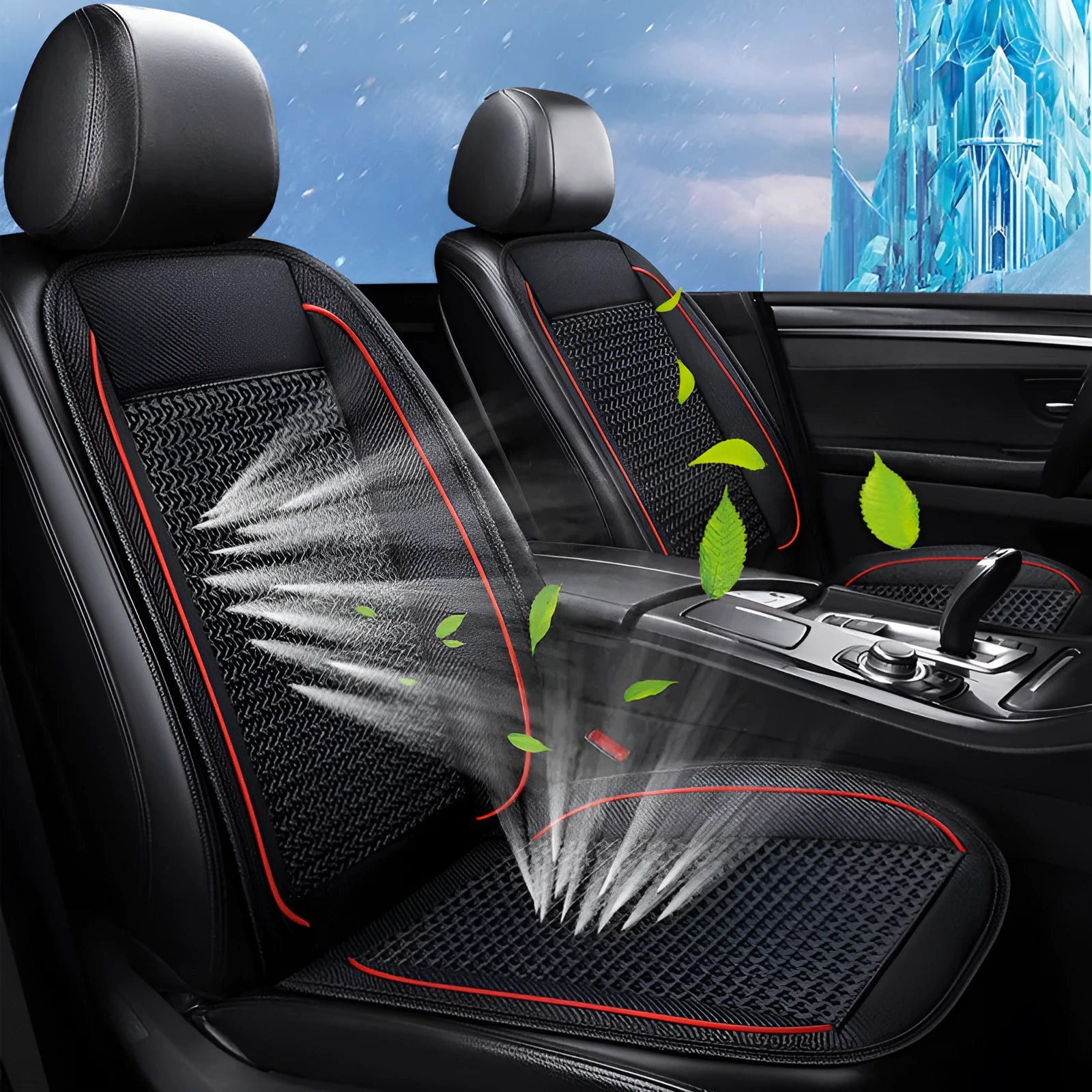 Square black car seat cushion with ventilation and massage functions on a car seat.