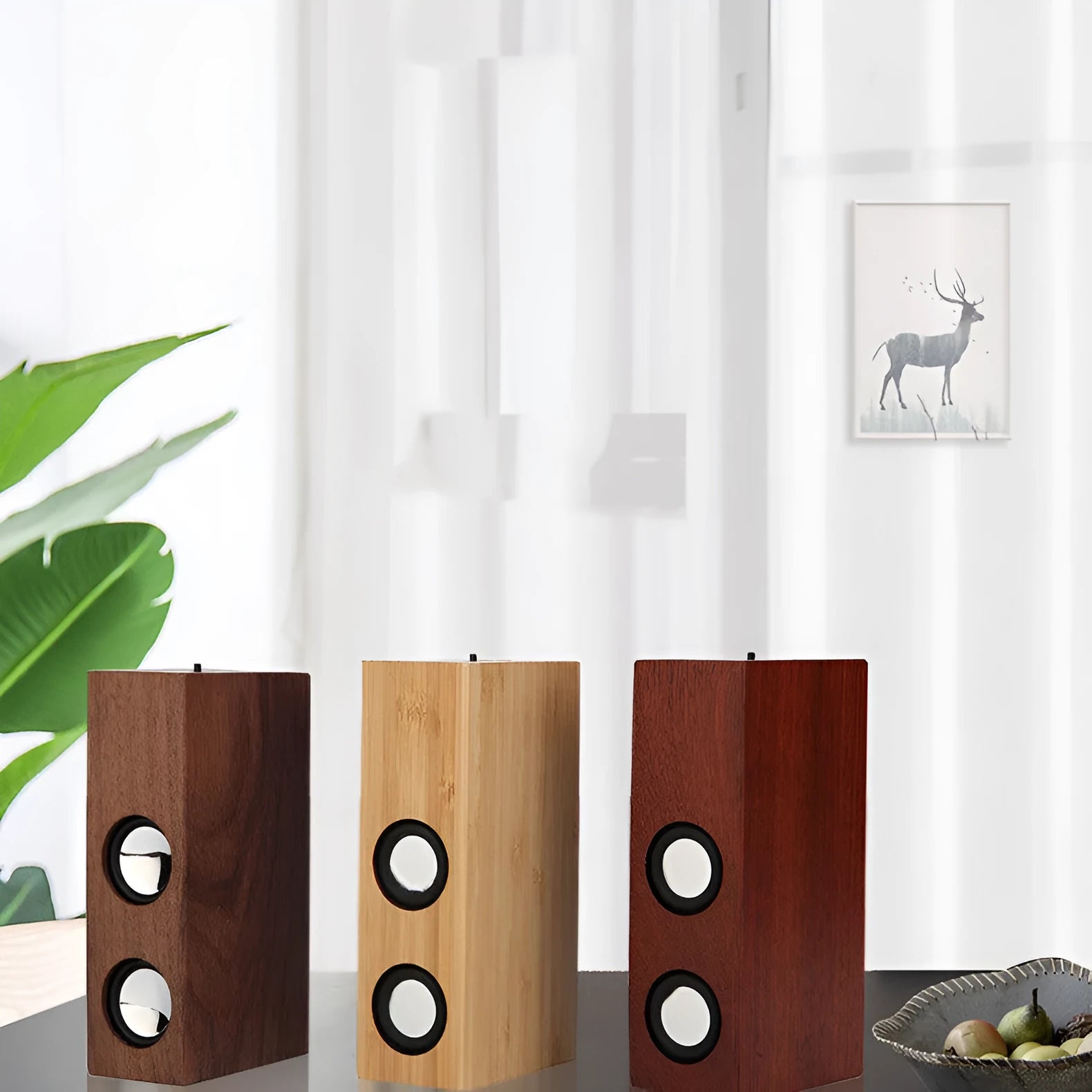 Retro wooden Bluetooth speaker showing natural wood grain in choice of bamboo, black walnut, or sapele finishes
