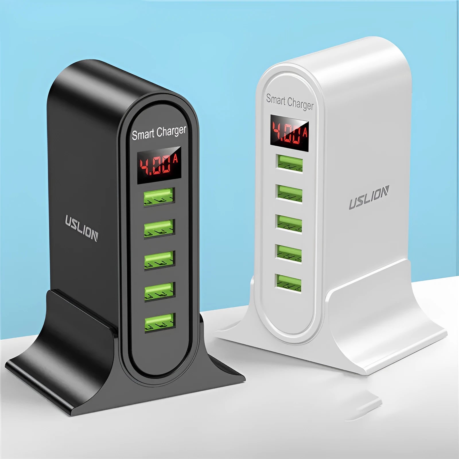Black and white smart USB wall charger with LED digital display and UK, US, EU plug adapters