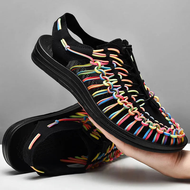 Woven Roman sandals with drawstring tie in rainbow colour pattern