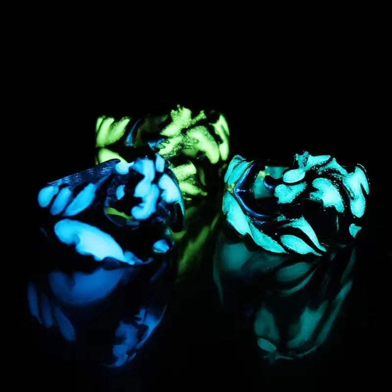 Adjustable metal ring with luminous dragon pattern in archaism silver blue and green