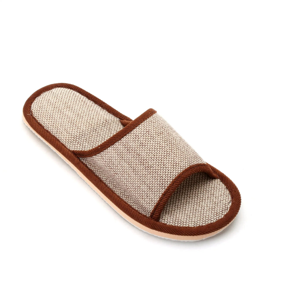 Women's linen open toe slippers in dark coffee colour with thickened sole