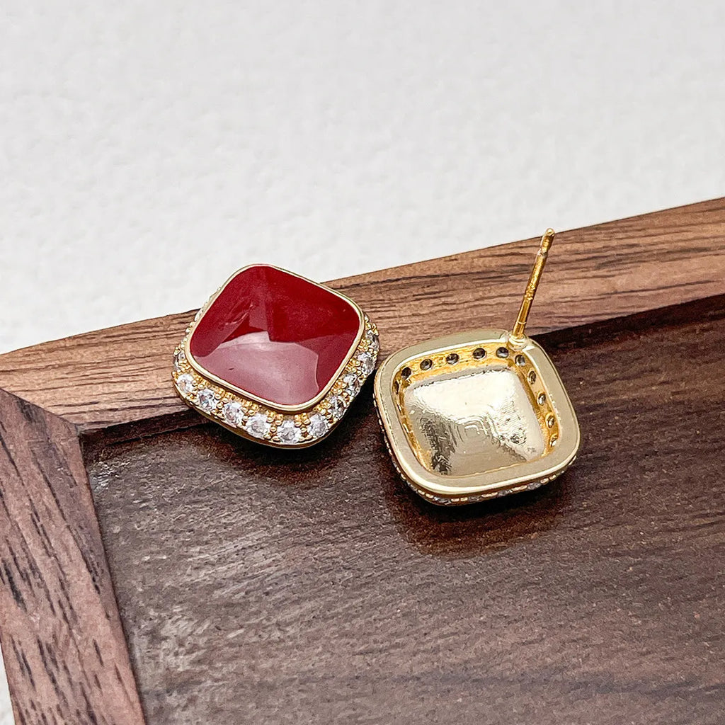 Red square geometric alloy earrings for women with retro plate finish