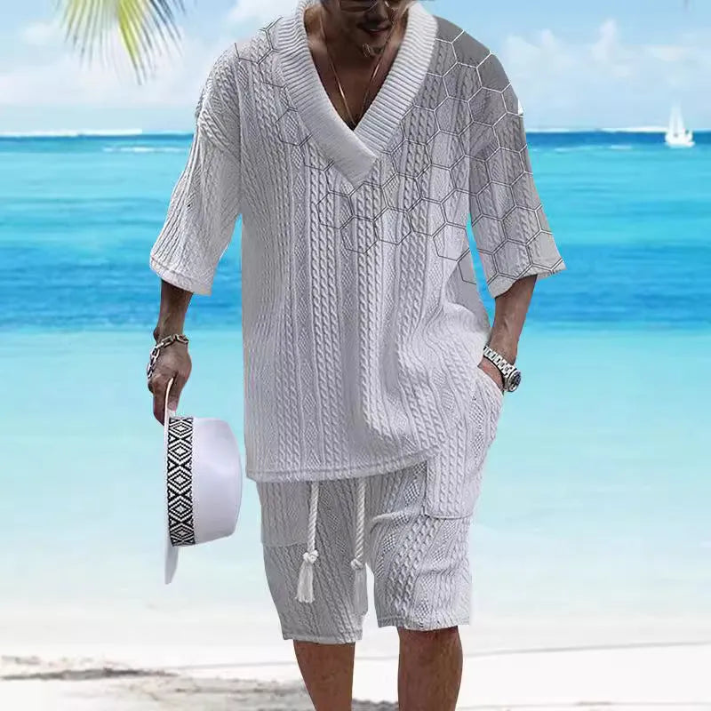 Men's printed drop shoulder knitted short sleeve top and matching shorts set