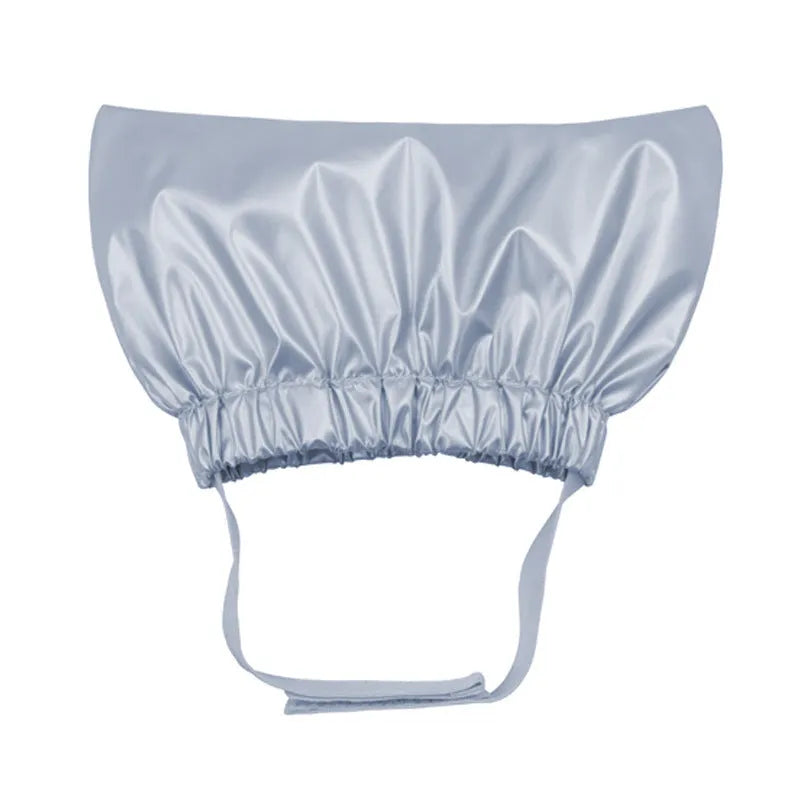 Adjustable waterproof shower cap for pets in silver, pink, or gold, shown in small and medium sizes.