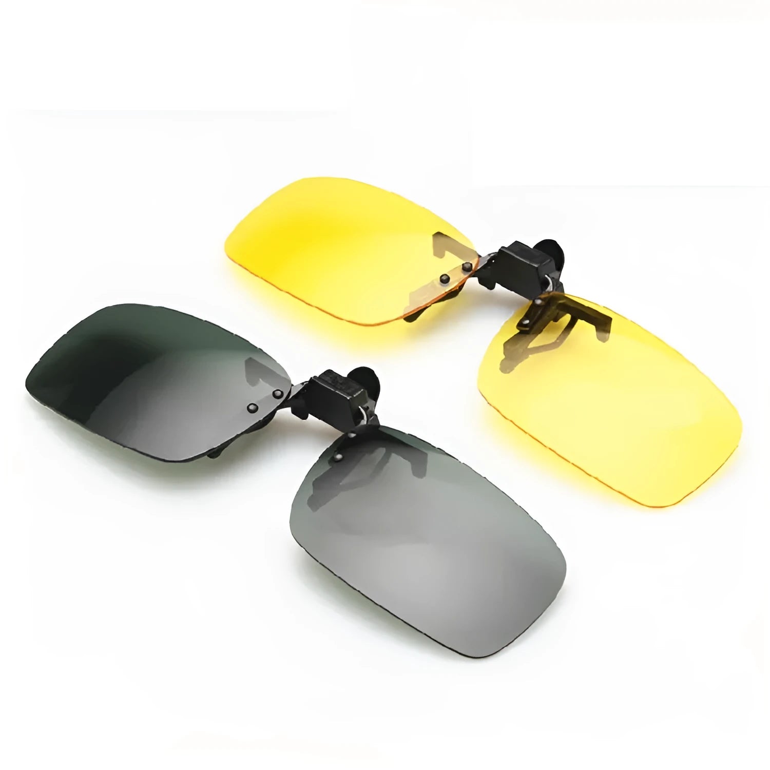 PC plastic clip-on sunglasses for prescription glasses in grey, dark green, and night vision tints