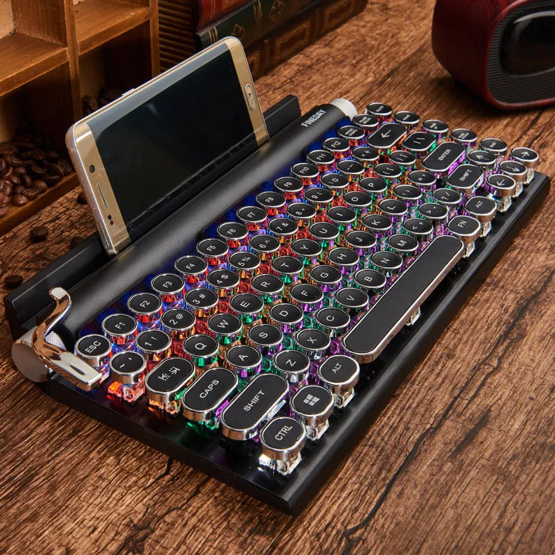 Black retro-style Bluetooth mechanical keyboard with backlit keys and metal construction