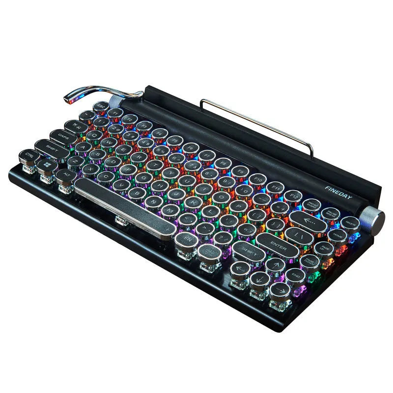 Black retro-style Bluetooth mechanical keyboard with backlit keys and metal construction