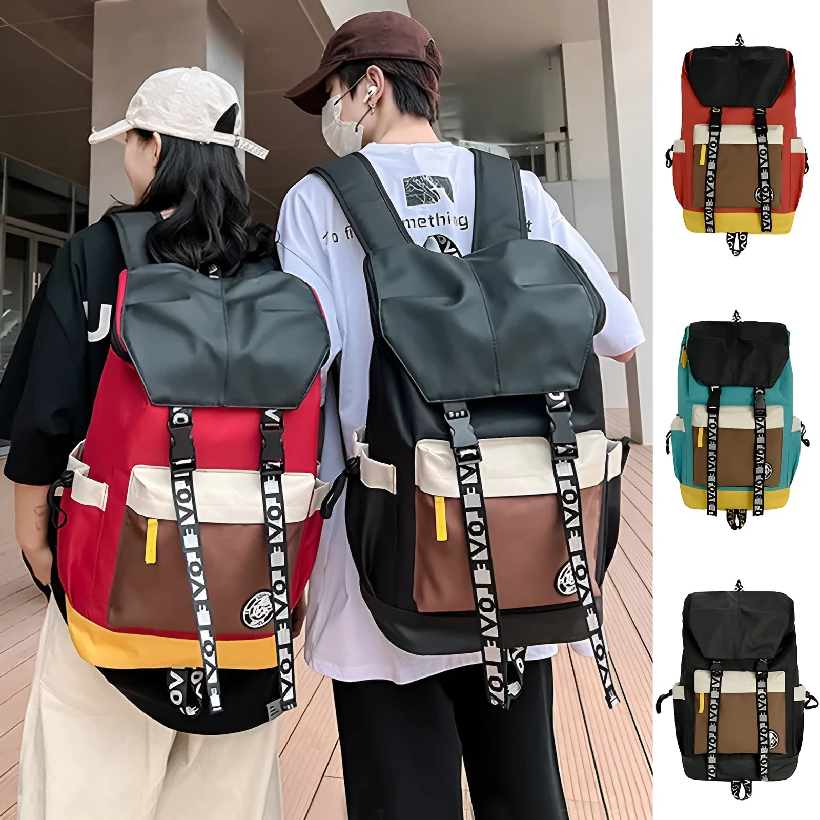 Oxford cloth backpack shown in black, green or red with handheld and shoulder straps.