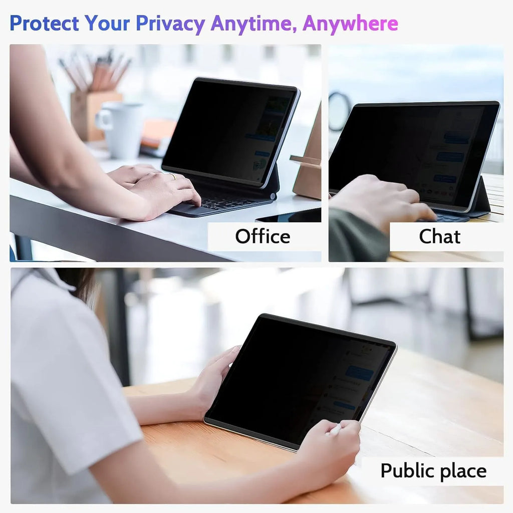 Magnetic iPad privacy screen protector with storage clip on an iPad Pro