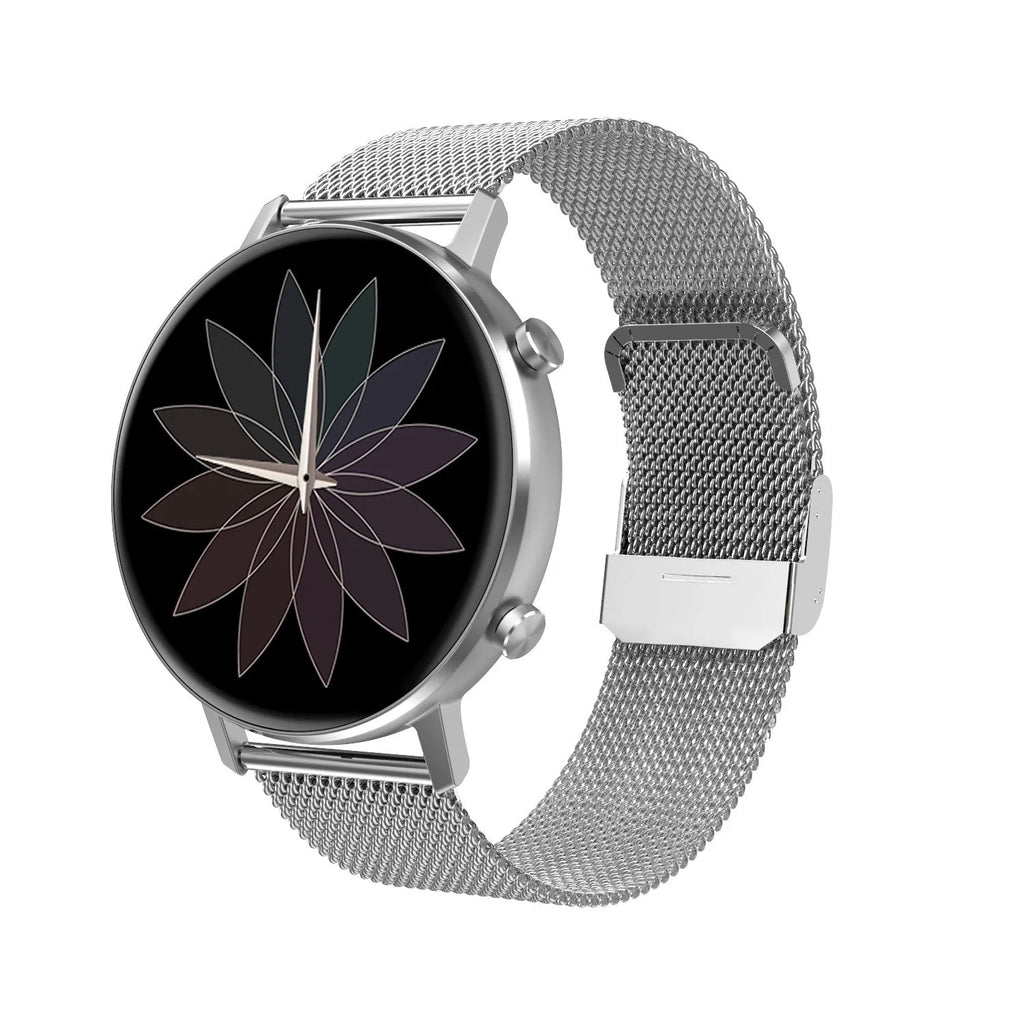 DT96 smart bracelet with 1.3 inch screen and steel strap in black, rose gold, or silver colours