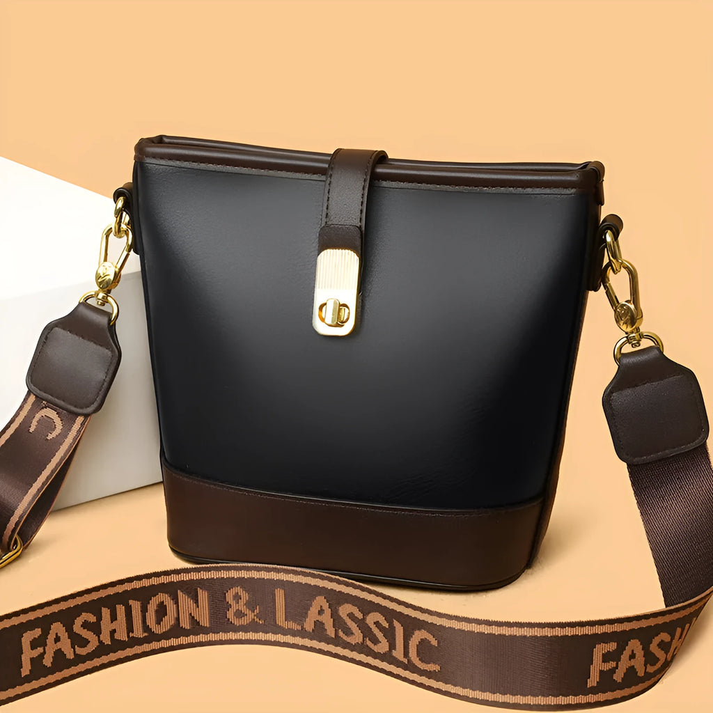 Korean style soft PU leather bucket bag in black with double shoulder straps and external sandwich pocket