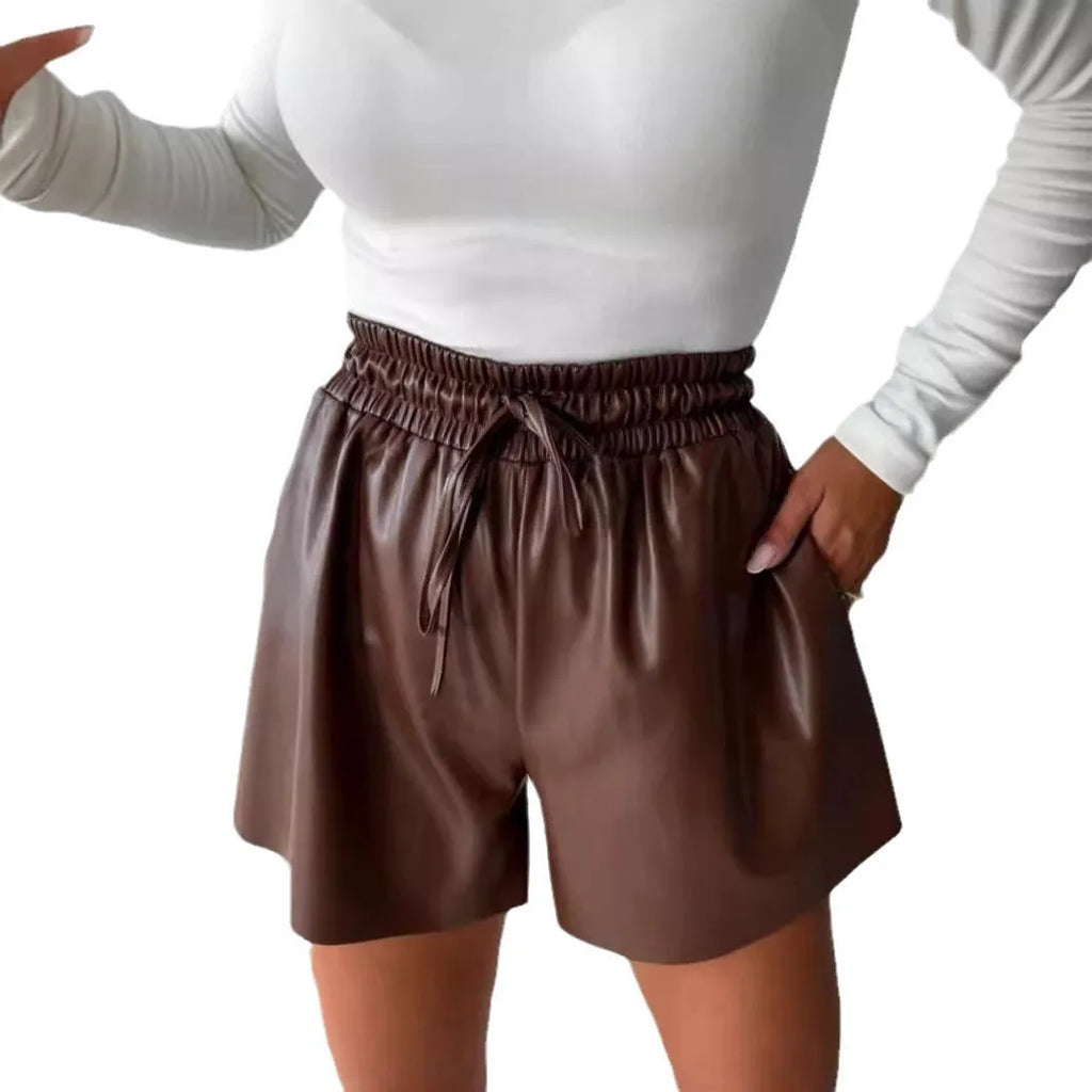Women's black PU leather wide-leg shorts with drawstring lace-up waist detail