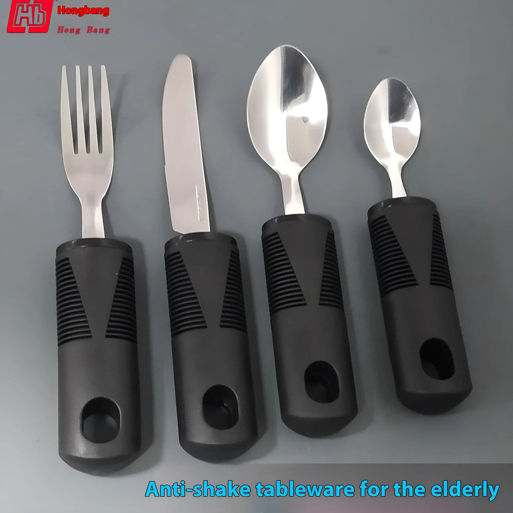 Anti-shake adaptive tableware set with stainless steel utensils and rubber handle grips