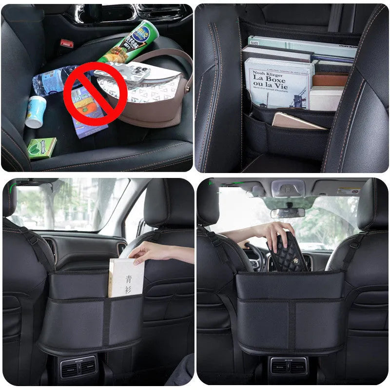 Black leather car seat storage bag with carbon fibre pattern, shown fitting between car seats.