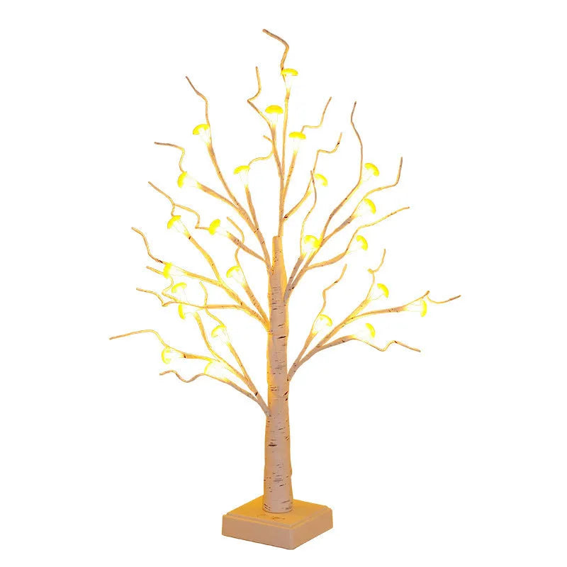 60cm tall mushroom tree lamp with birch trunk and 24 detachable mushroom flowers emitting warm white light