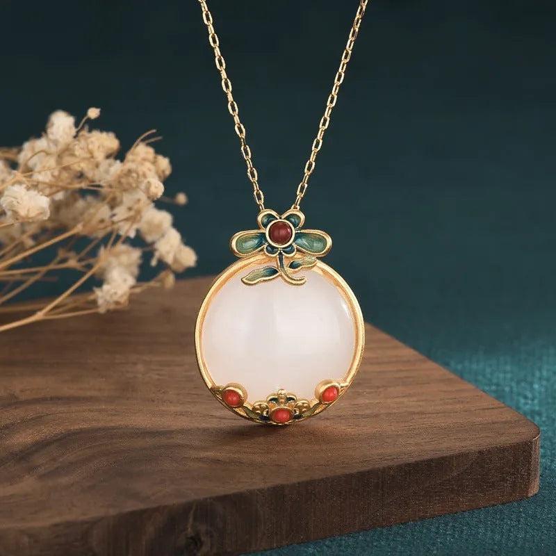 Gold-plated Hetian jade peace buckle necklace on woman, O-ring chain, 41-50cm adjustable, mixed gem inlay, retro style