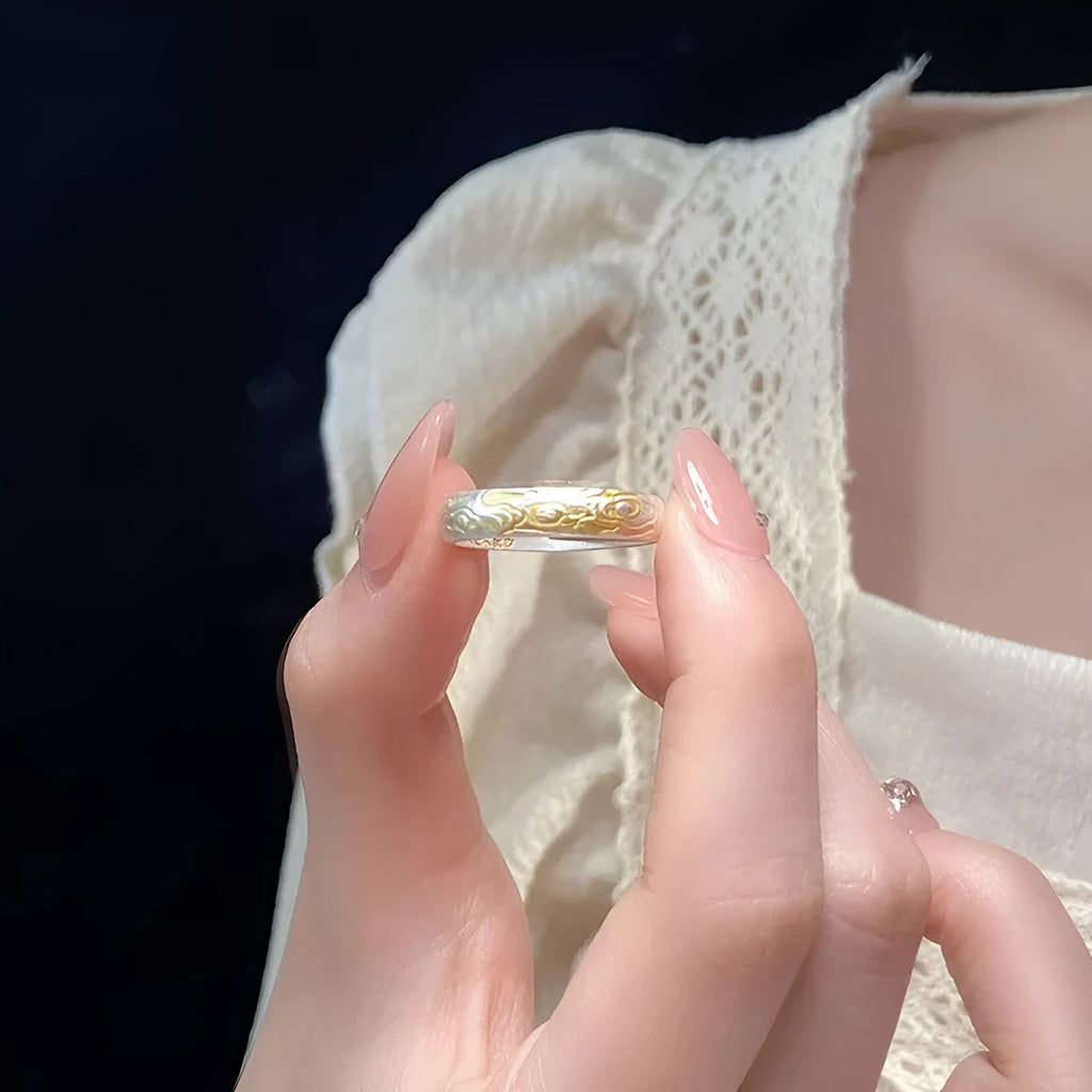 White copper open-mouth ring with geometric shape and Xiangyun pattern featuring electroplated silver gold finish