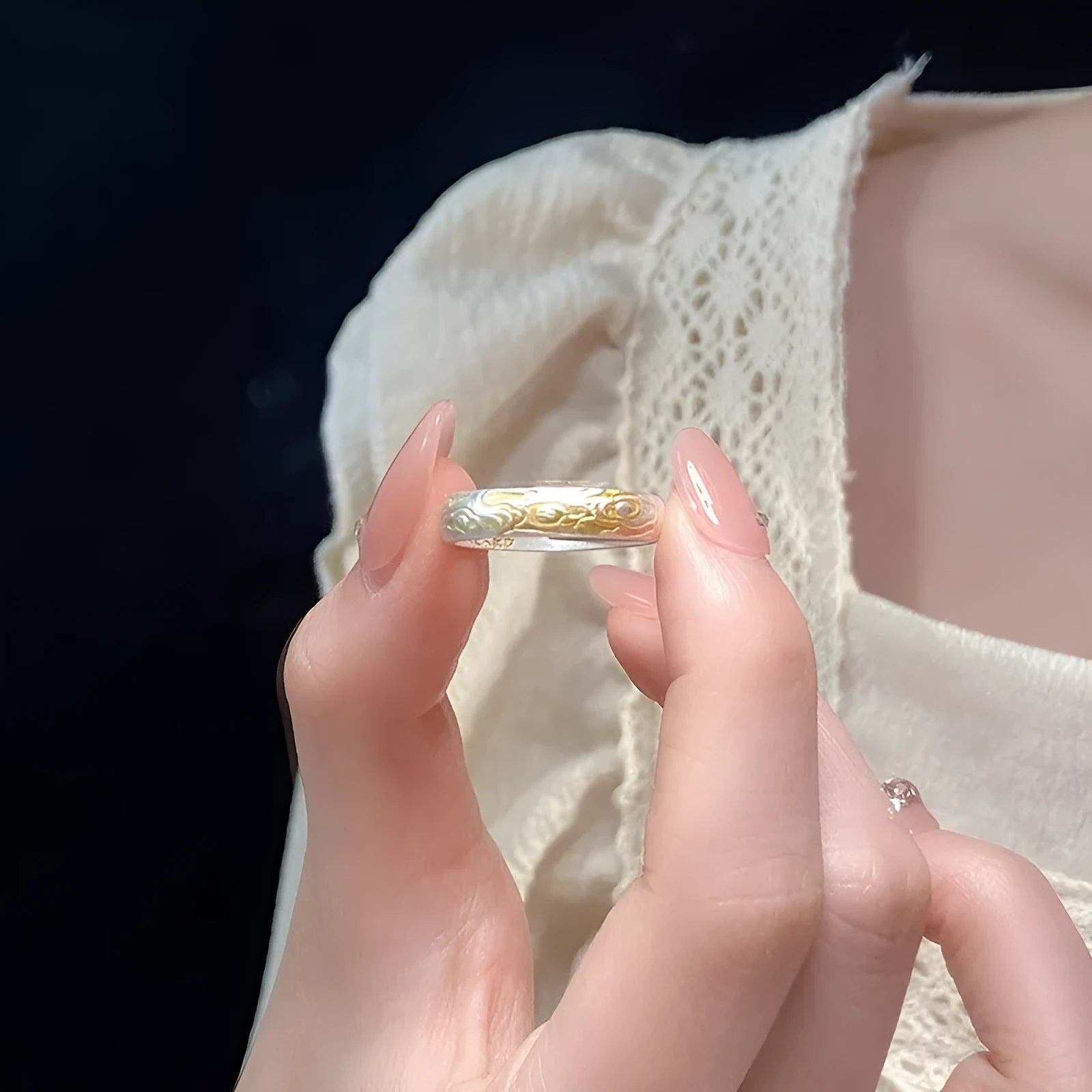 White copper open-mouth ring with geometric shape and Xiangyun pattern featuring electroplated silver gold finish