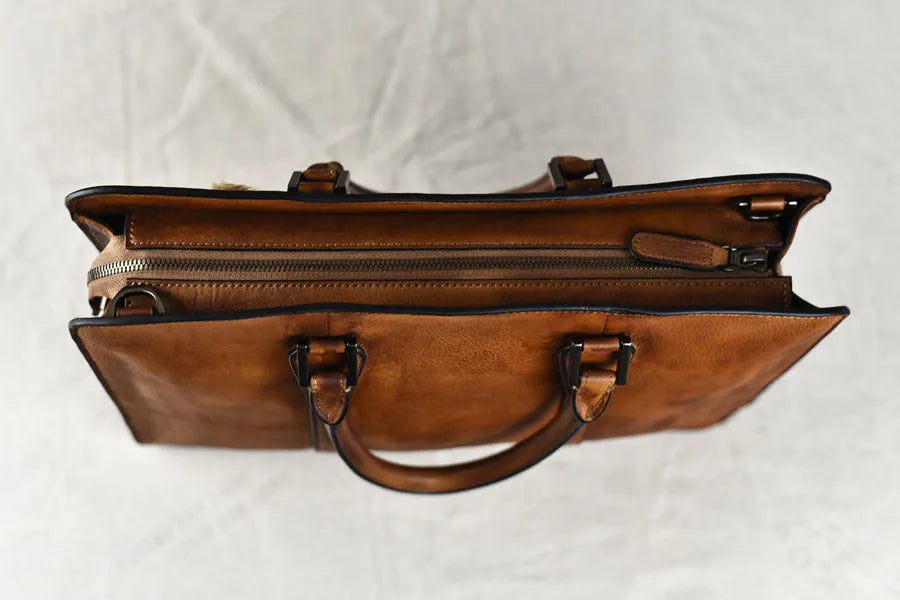 Men's 14-inch horizontal square leather handbag in khaki or black with zipper closure