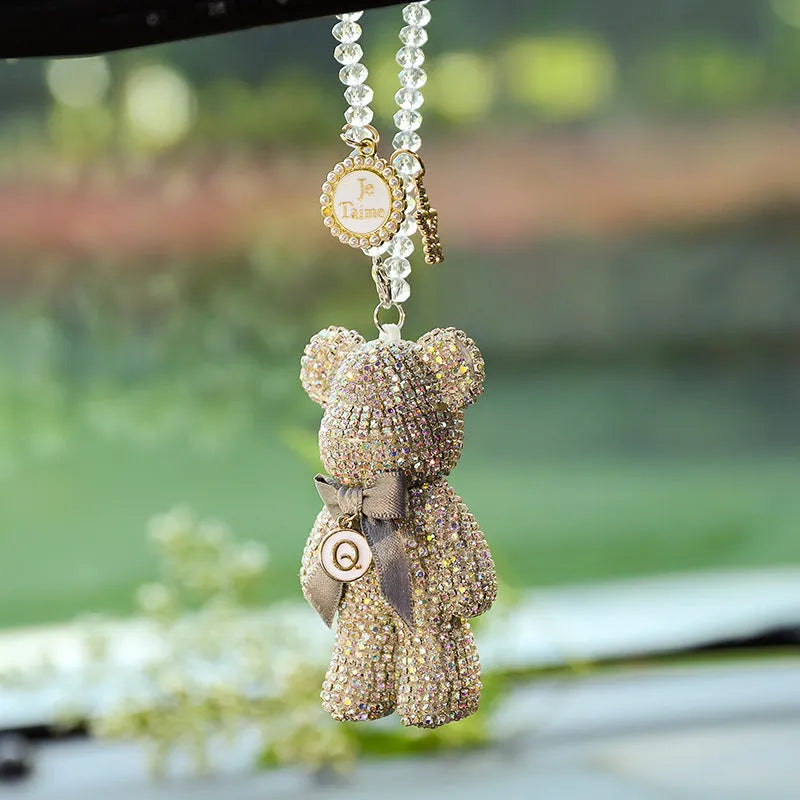 Rhinestone violent bear car rearview mirror pendant in black, white, and mixed pastel colours