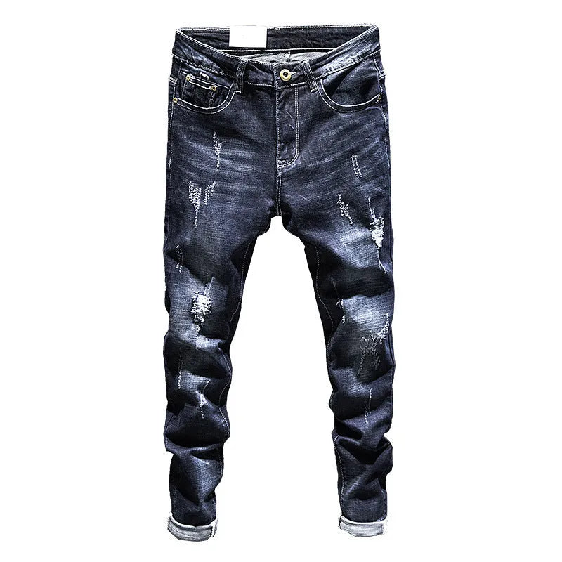 Men's slim-fit skinny jeans in dark blue denim fabric with a mid-rise waist