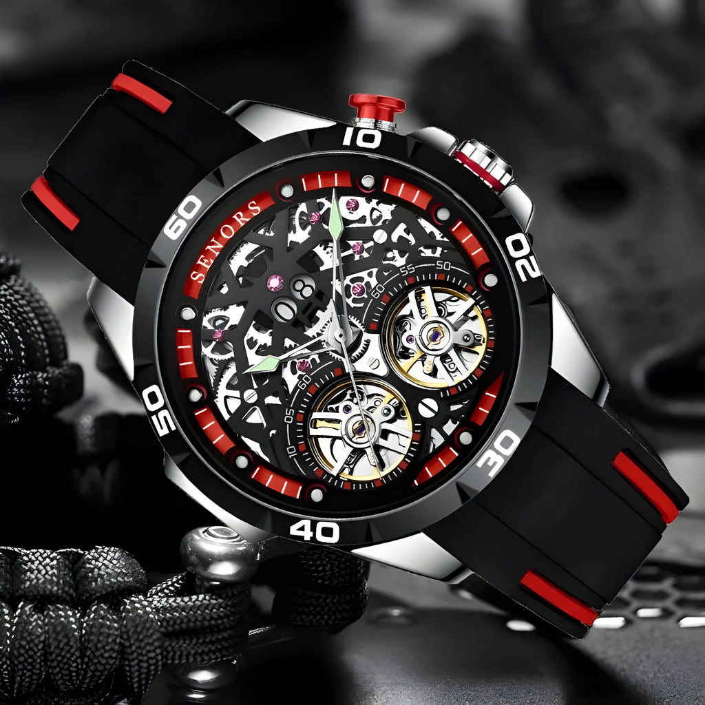 Automatic mechanical men's watch with skeleton hollow dial design showing visible movement