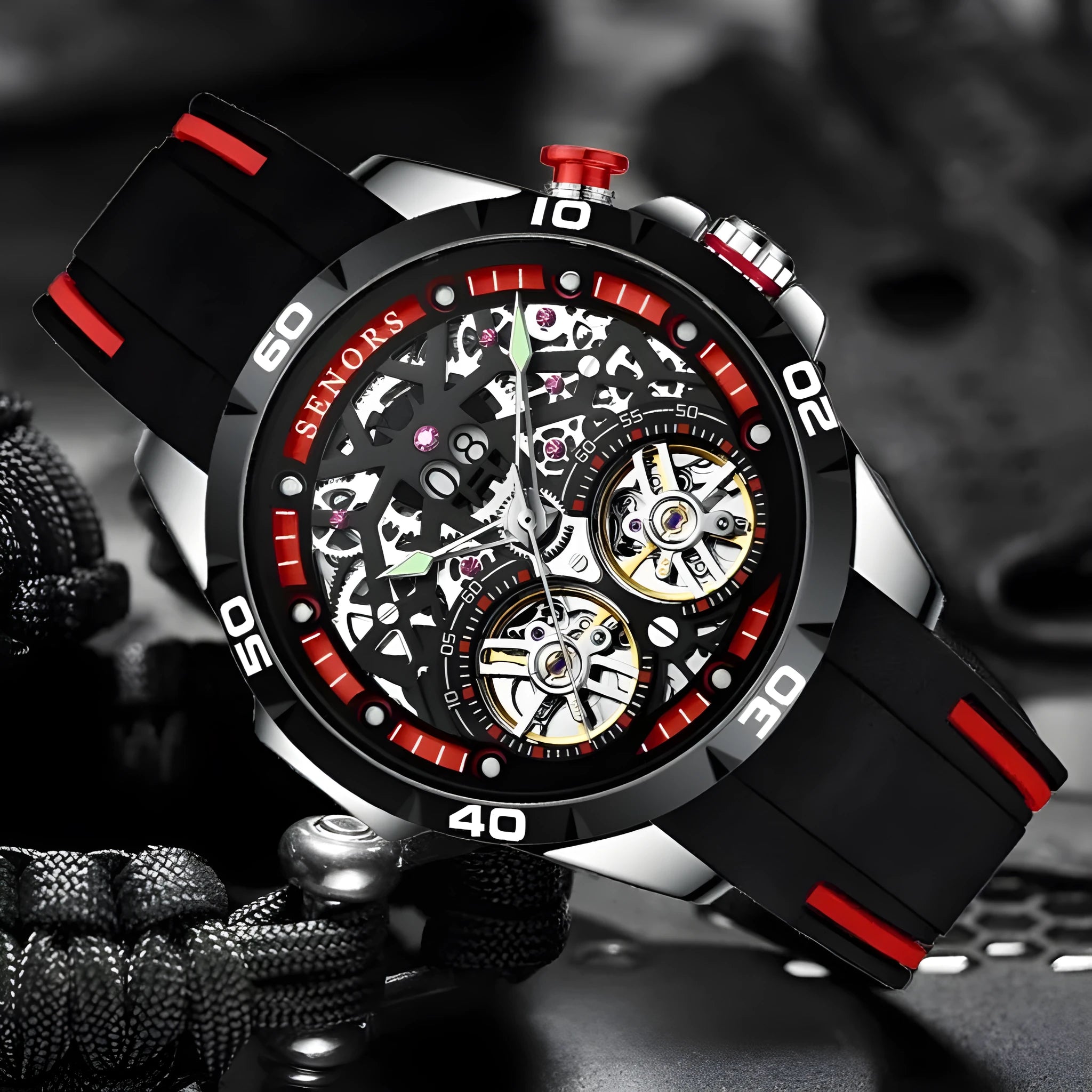 Automatic mechanical men's watch with skeleton hollow dial design showing visible movement