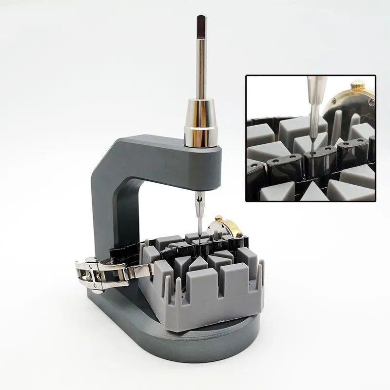 Silver tool steel press strap removal tool for watches, jewellery, and electronics.