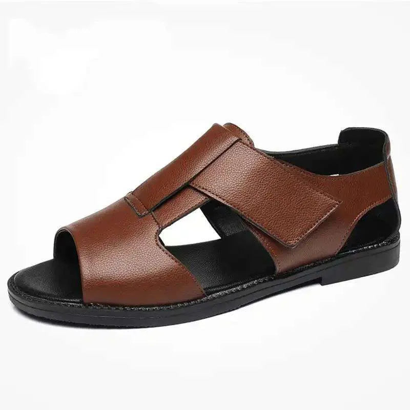 Men's black and brown leather casual sandals with open toe and rubber sole